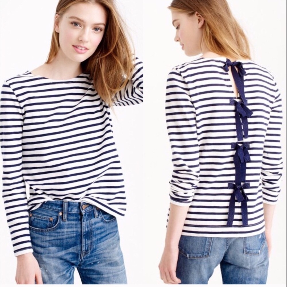 NWOT-J. Crew Striped T shirt with Bow Embellished Back XS E4454(black/white)
